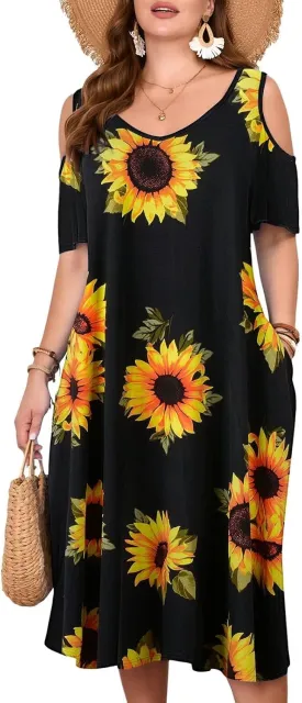 LARACE Plus Size Women Dress for Summer, Midi Women's Sundress, Casual V-Neck Short Sleeve Flowy T-Shirt Dresses with Pockets