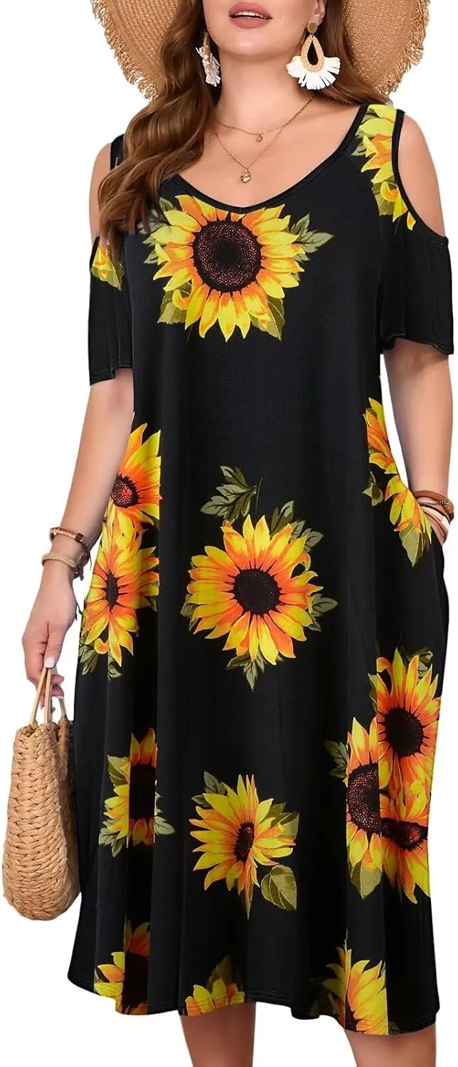 LARACE Plus Size Women Dress for Summer, Midi Women's Sundress, Casual V-Neck Short Sleeve Flowy T-Shirt Dresses with Pockets