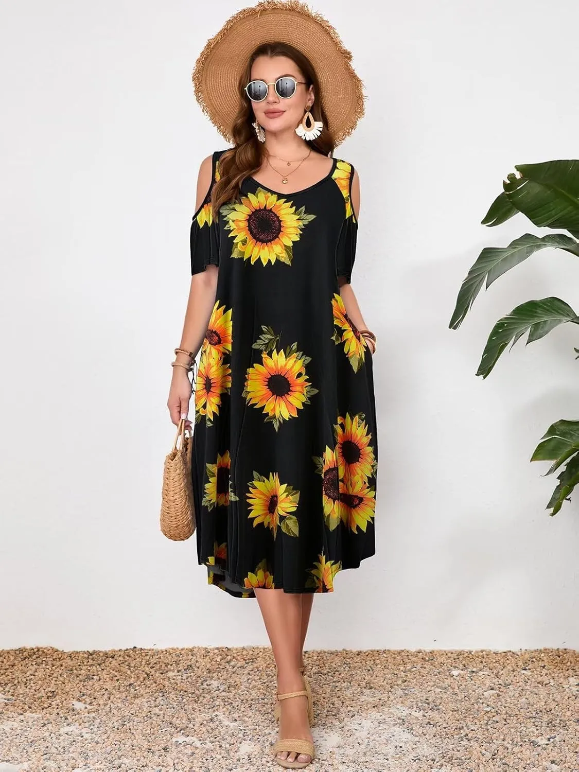 LARACE Plus Size Women Dress for Summer, Midi Women's Sundress, Casual V-Neck Short Sleeve Flowy T-Shirt Dresses with Pockets