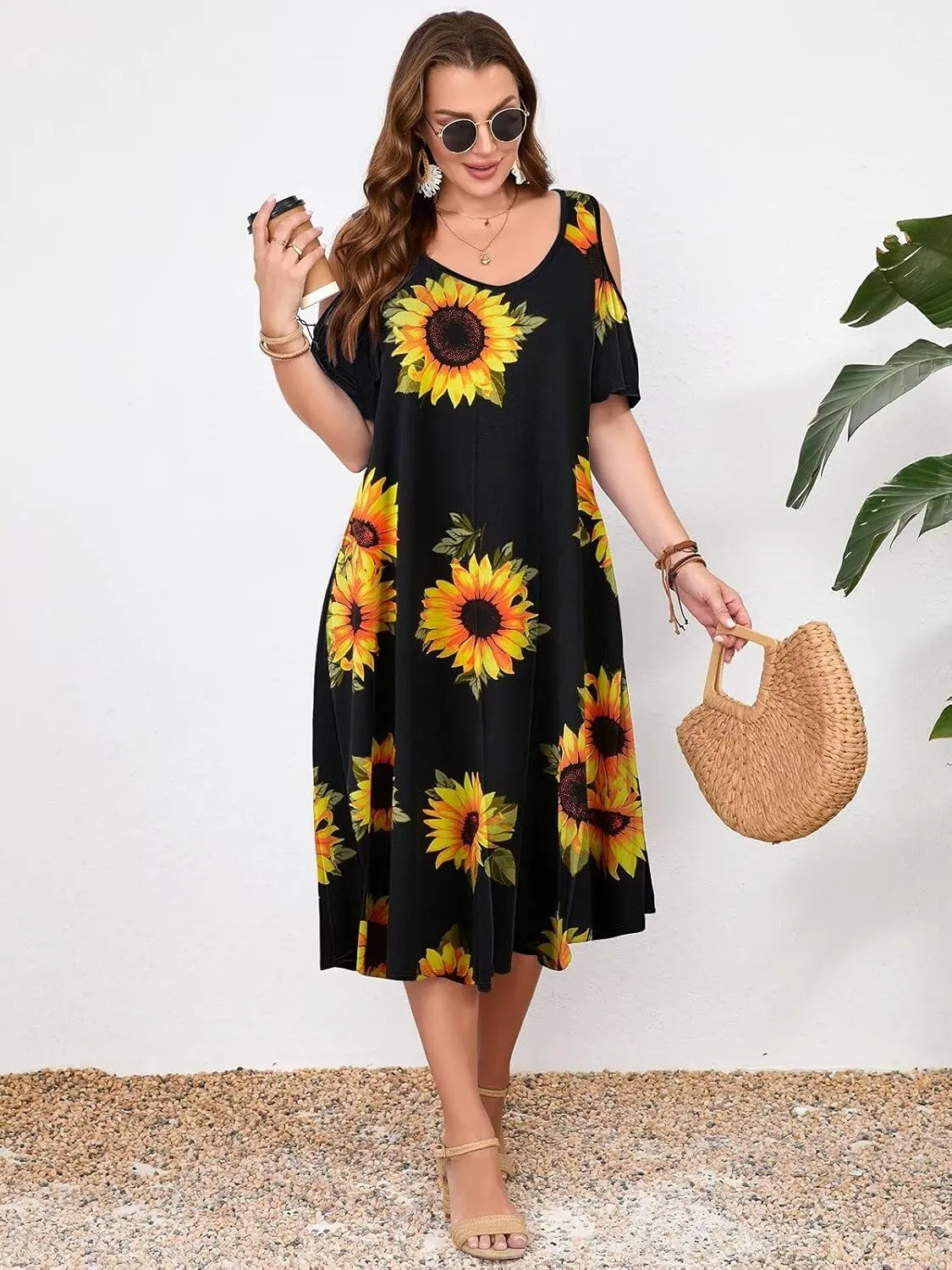 LARACE Plus Size Women Dress for Summer, Midi Women's Sundress, Casual V-Neck Short Sleeve Flowy T-Shirt Dresses with Pockets