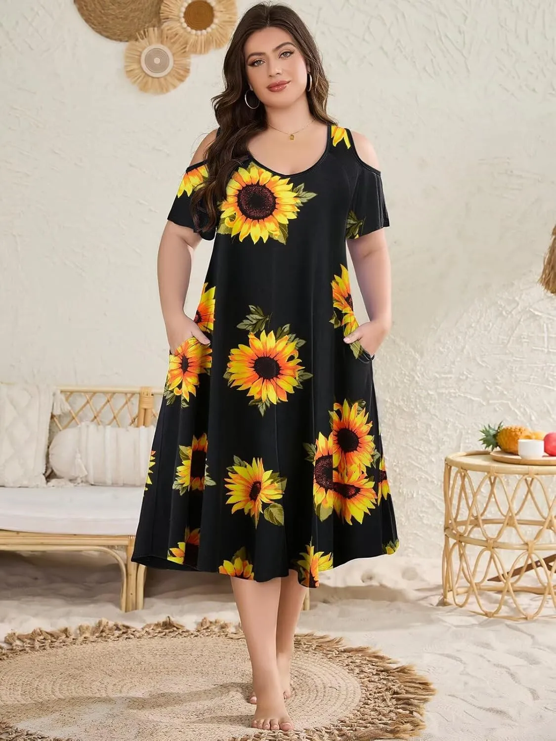 LARACE Plus Size Women Dress for Summer, Midi Women's Sundress, Casual V-Neck Short Sleeve Flowy T-Shirt Dresses with Pockets