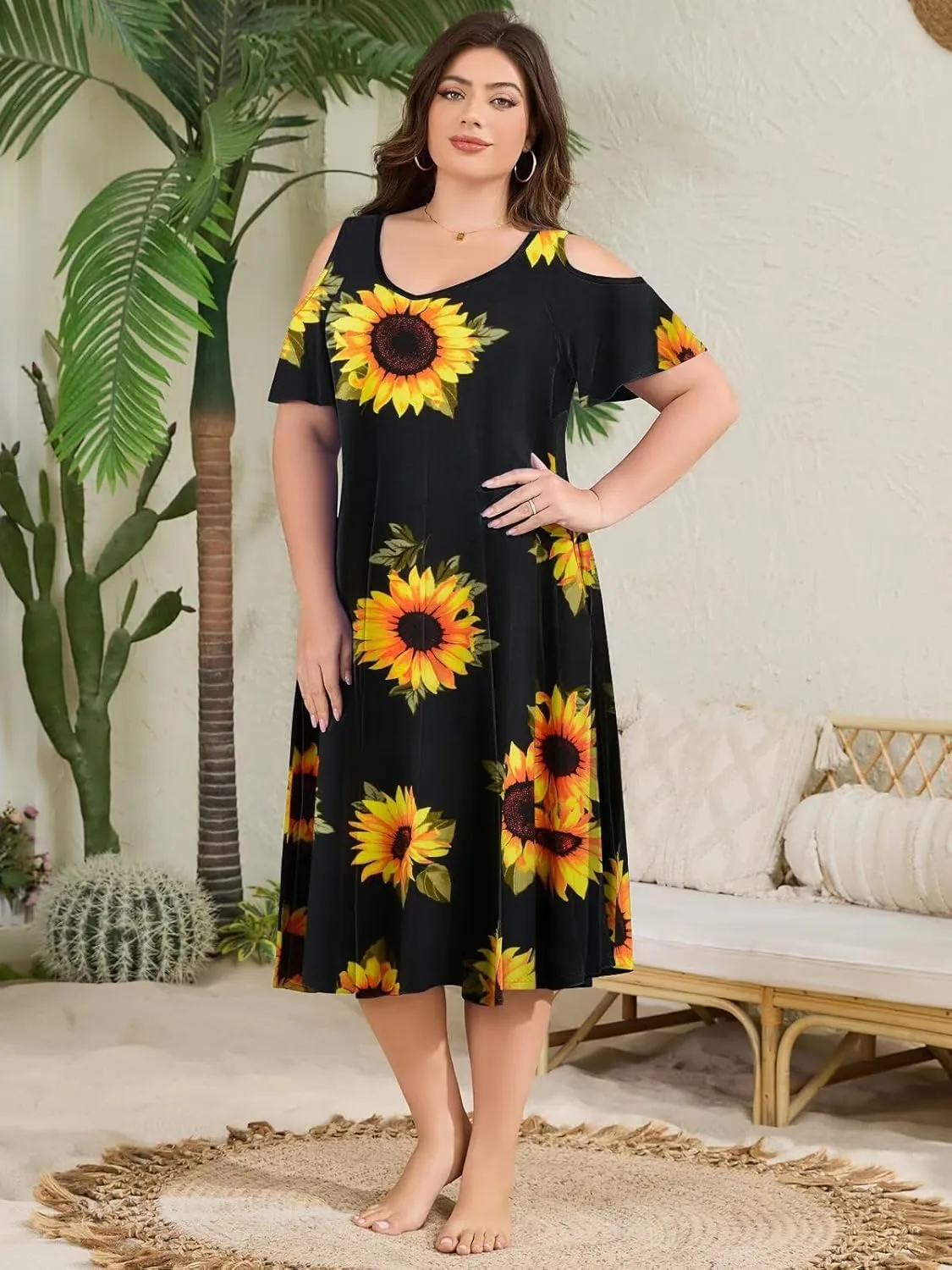 LARACE Plus Size Women Dress for Summer, Midi Women's Sundress, Casual V-Neck Short Sleeve Flowy T-Shirt Dresses with Pockets