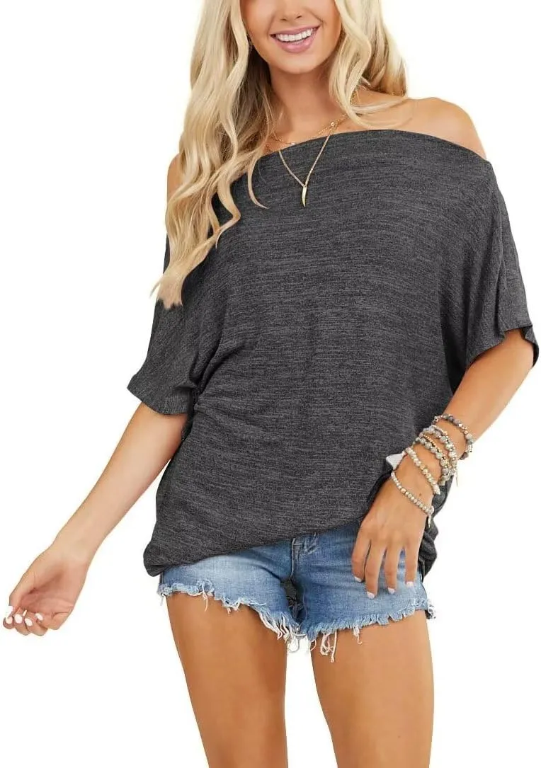 LEEDYA Women Off Shoulder Tops Short Sleeve T-Shirts Loose Blouses Oversized Tunic Tops