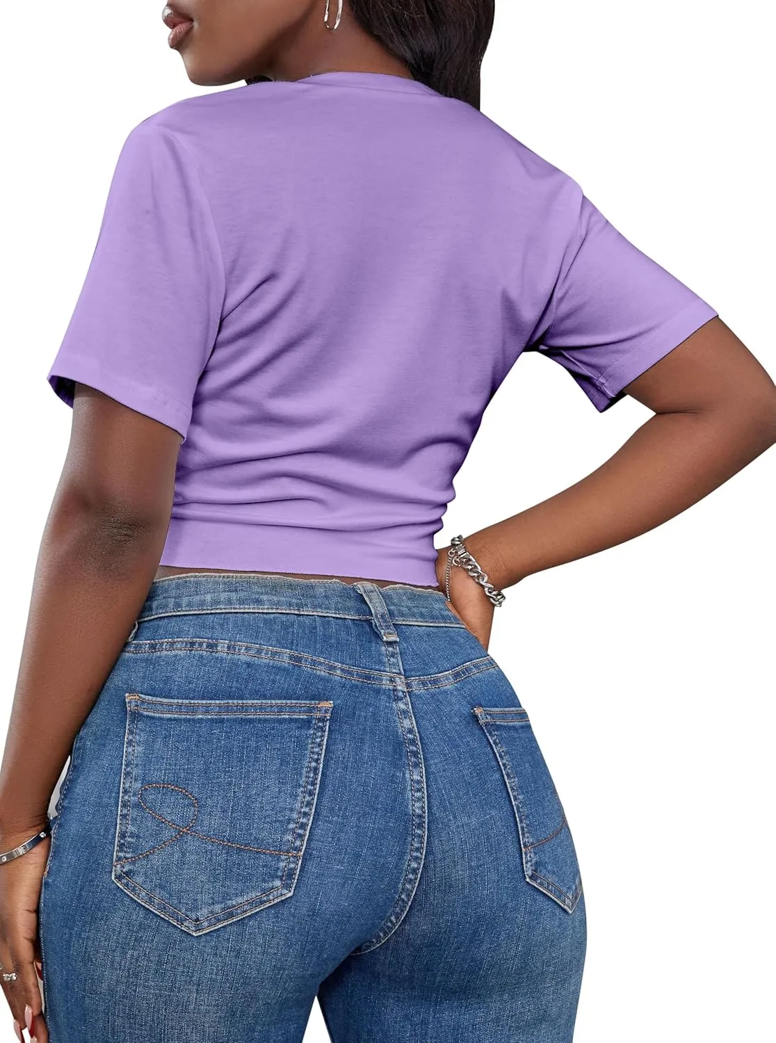 LovelyWholesale Graphic Crop Tops for Women Sexy Tie Front Top Summer Short Sleeve V Neck T Shirt