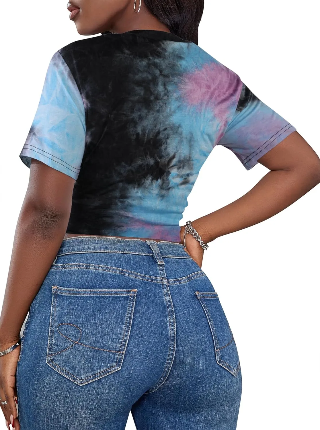 LovelyWholesale Graphic Crop Tops for Women Sexy Tie Front Top Summer Short Sleeve V Neck T Shirt