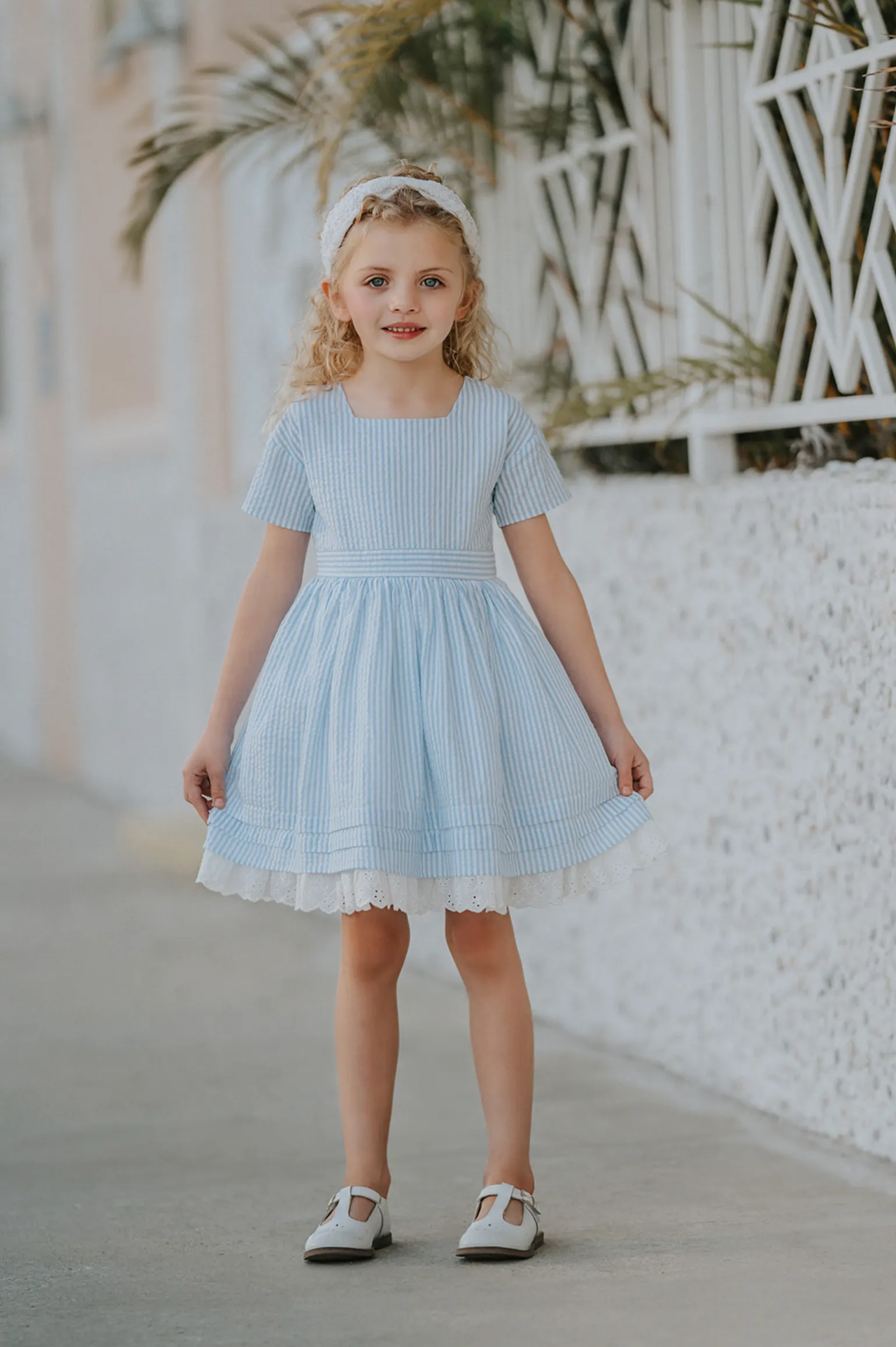 Madeline Blue and White Striped Seersucker Dress