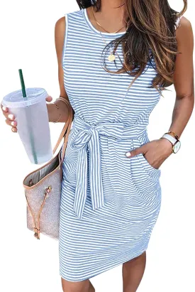 MEROKEETY Womens 2025 Summer Sleeveless Striped T Shirt Dress Casual Crew Neck Tie Waist Mini Dresses