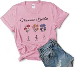Mommom T-Shirt with Custom Birth Flowers and Names - Mommom's Garden T-Shirt Birth Month Flower T-Shirt - Personalized Birthday Gift