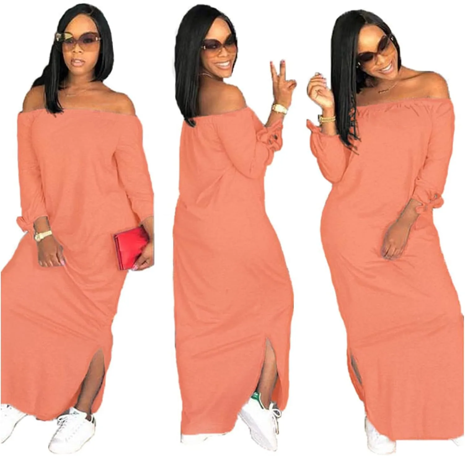 OLUOLIN Women's Casual Letter Print Off Shoulder Long Sleeve Bowknot Sides Slit Loose Long T-Shirt Maxi Dress