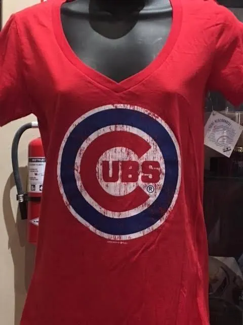 Red Distressed Chicago Cubs V-Neck