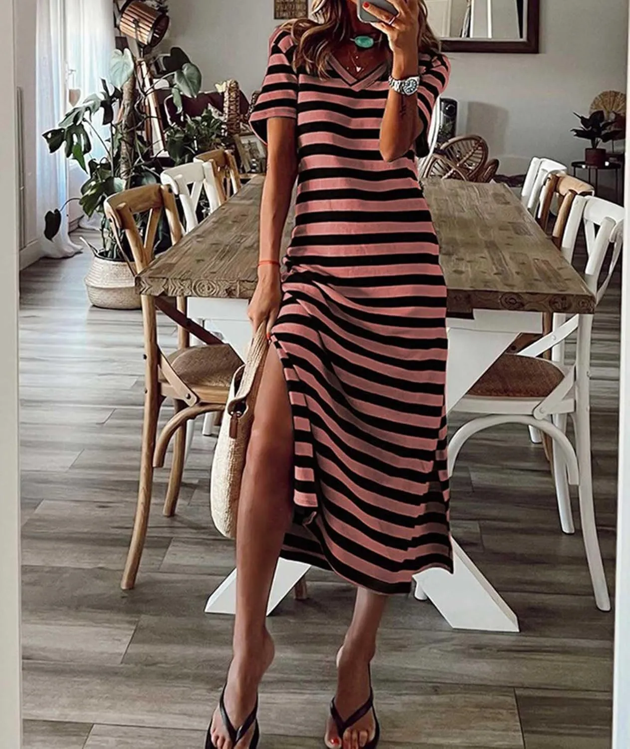 Sexyshine Women's Casual V Neck Side Slit Striped Long Dress Summer Short Sleeve Double Split Maxi T Shirt Dresses