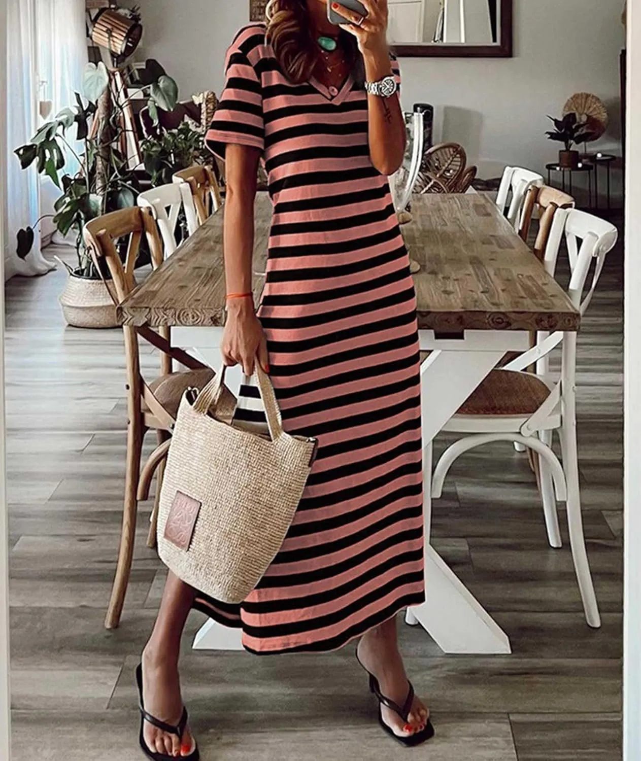 Sexyshine Women's Casual V Neck Side Slit Striped Long Dress Summer Short Sleeve Double Split Maxi T Shirt Dresses