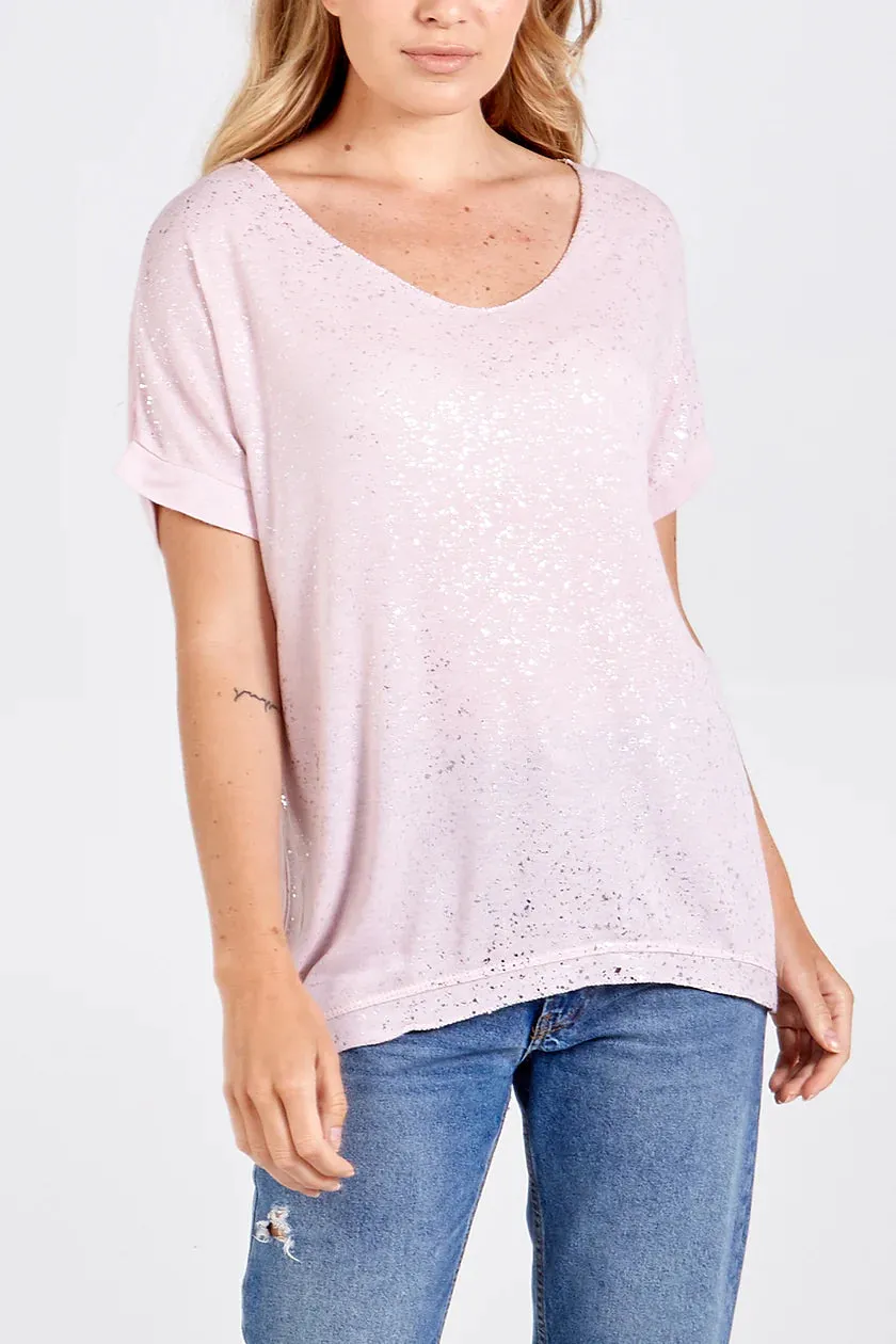 Silver Shimmer Splatter Effect V-Neck Fine Knit T-Shirt (5 Colours)