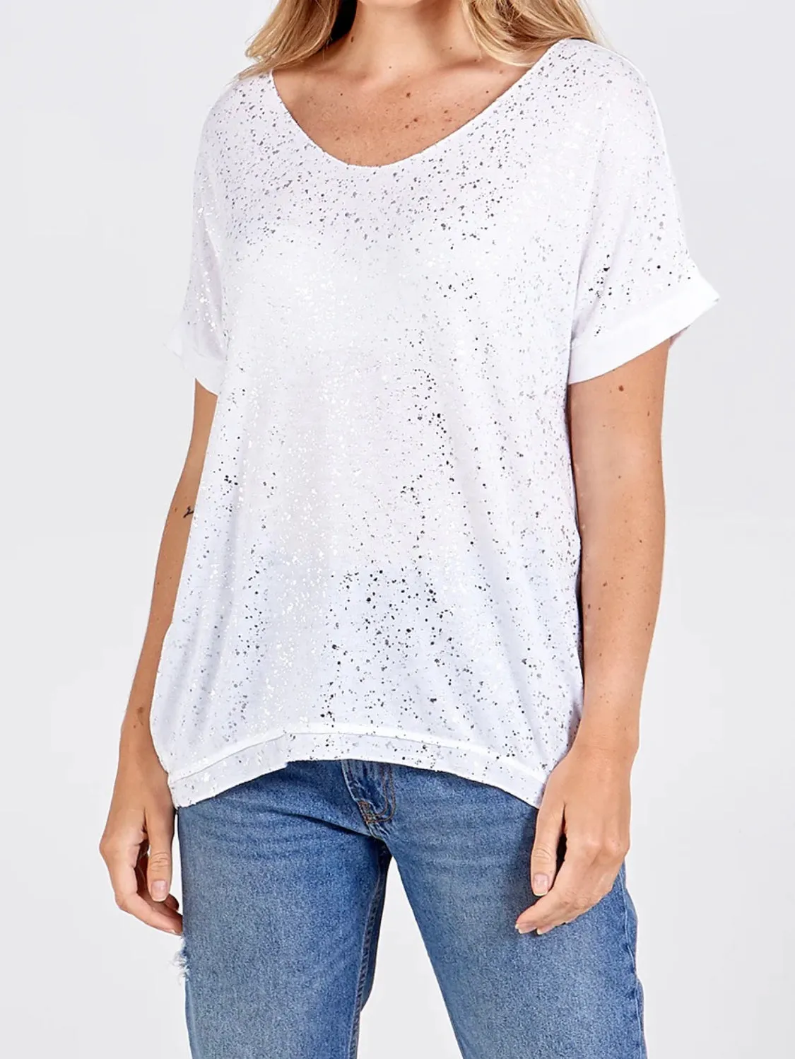 Silver Shimmer Splatter Effect V-Neck Fine Knit T-Shirt (5 Colours)