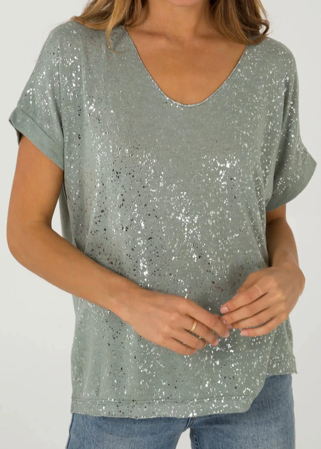 Silver Shimmer Splatter Effect V-Neck Fine Knit T-Shirt (5 Colours)