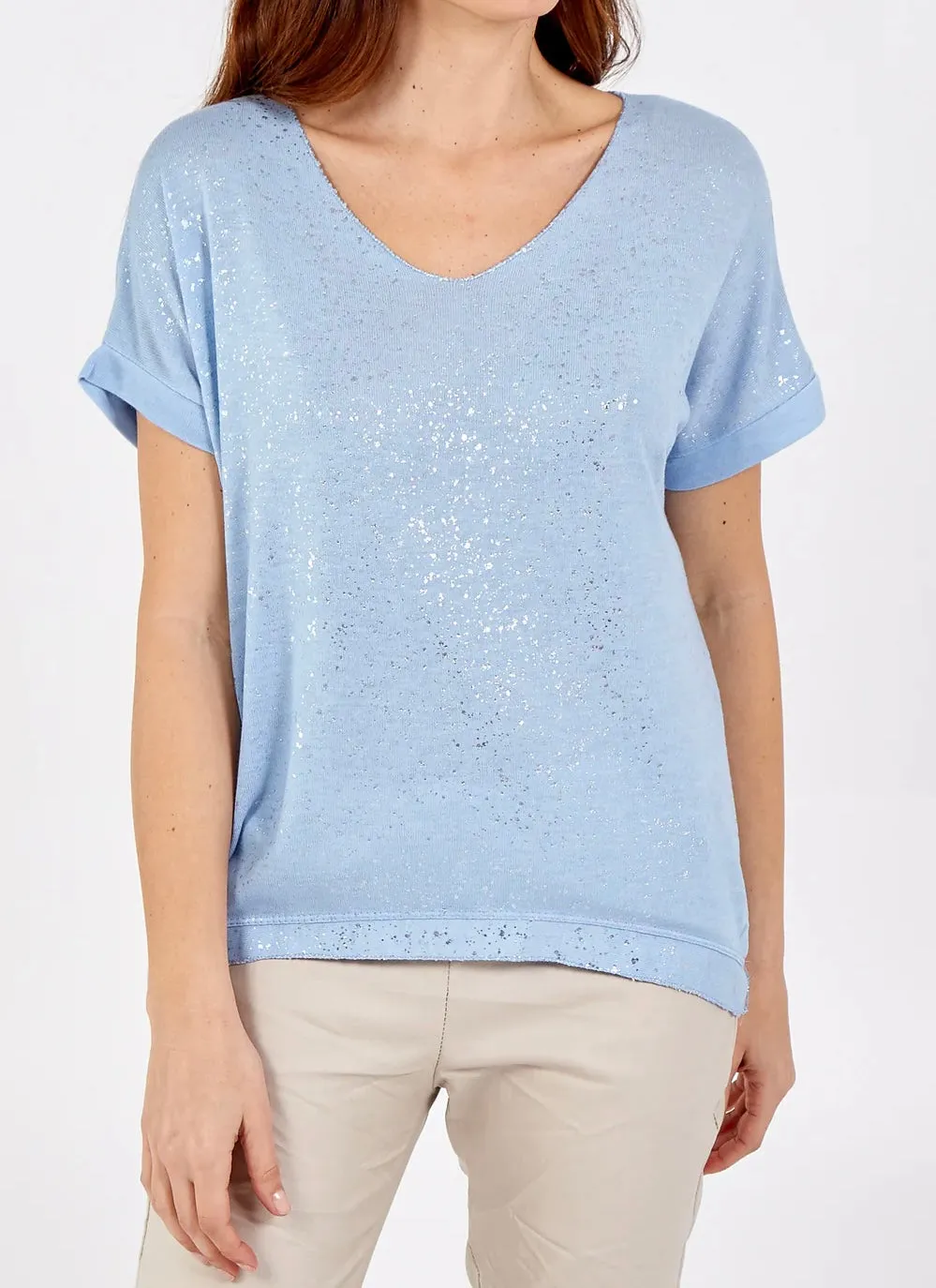 Silver Shimmer Splatter Effect V-Neck Fine Knit T-Shirt (5 Colours)