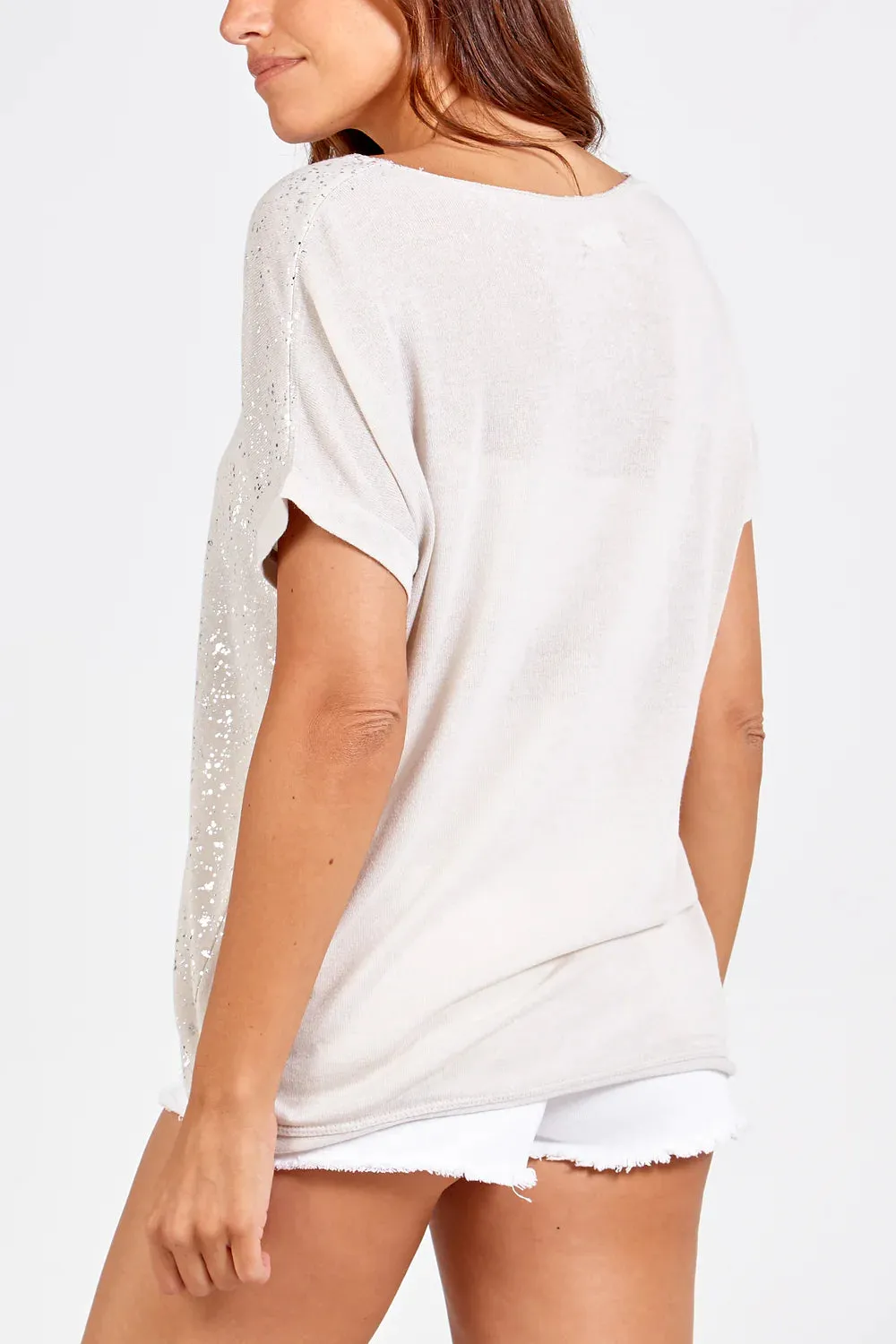 Silver Shimmer Splatter Effect V-Neck Fine Knit T-Shirt (5 Colours)