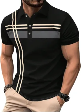 SOLY HUX Men's Casual Golf Shirts Short Sleeve Button Down Striped Collared Shirts Summer Work T-Shirt