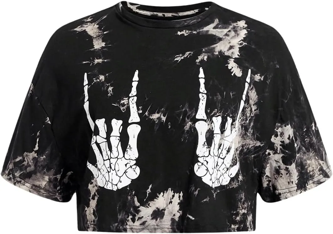 SOLY HUX Women's Plus Size T Shirt Tie Dye Skull Graphic Print Half Sleeve Tee Crop Tops