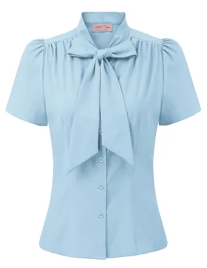 Summer Short Sleeve Office Button Down Blouse Stripe Shirt Tops with Bow Tie