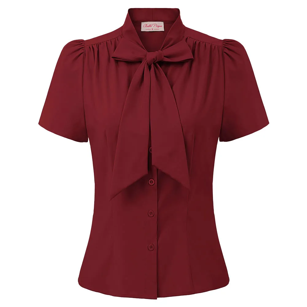 Summer Short Sleeve Office Button Down Blouse Stripe Shirt Tops with Bow Tie