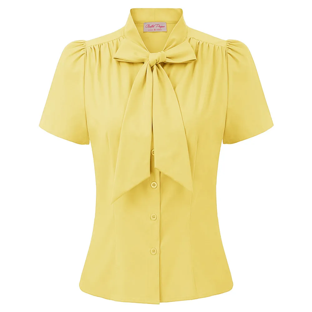 Summer Short Sleeve Office Button Down Blouse Stripe Shirt Tops with Bow Tie