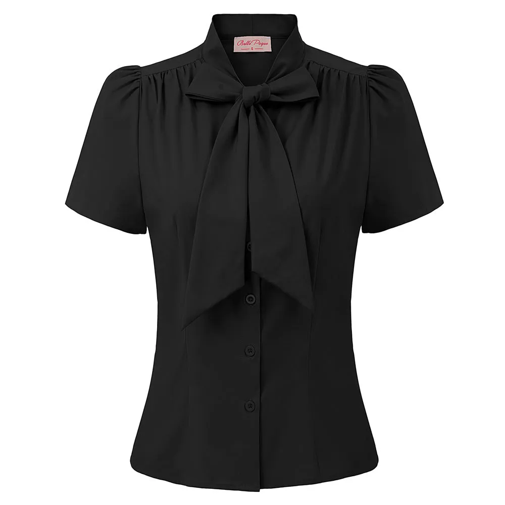 Summer Short Sleeve Office Button Down Blouse Stripe Shirt Tops with Bow Tie