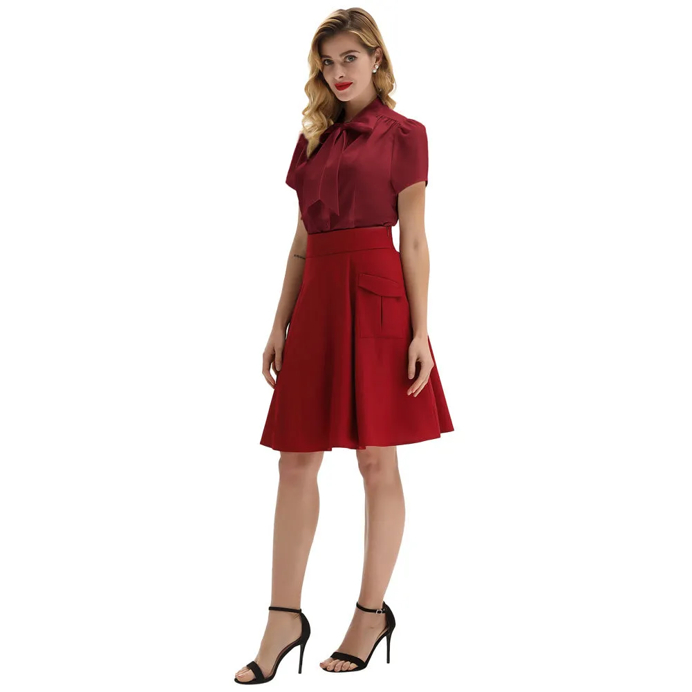 Summer Short Sleeve Office Button Down Blouse Stripe Shirt Tops with Bow Tie