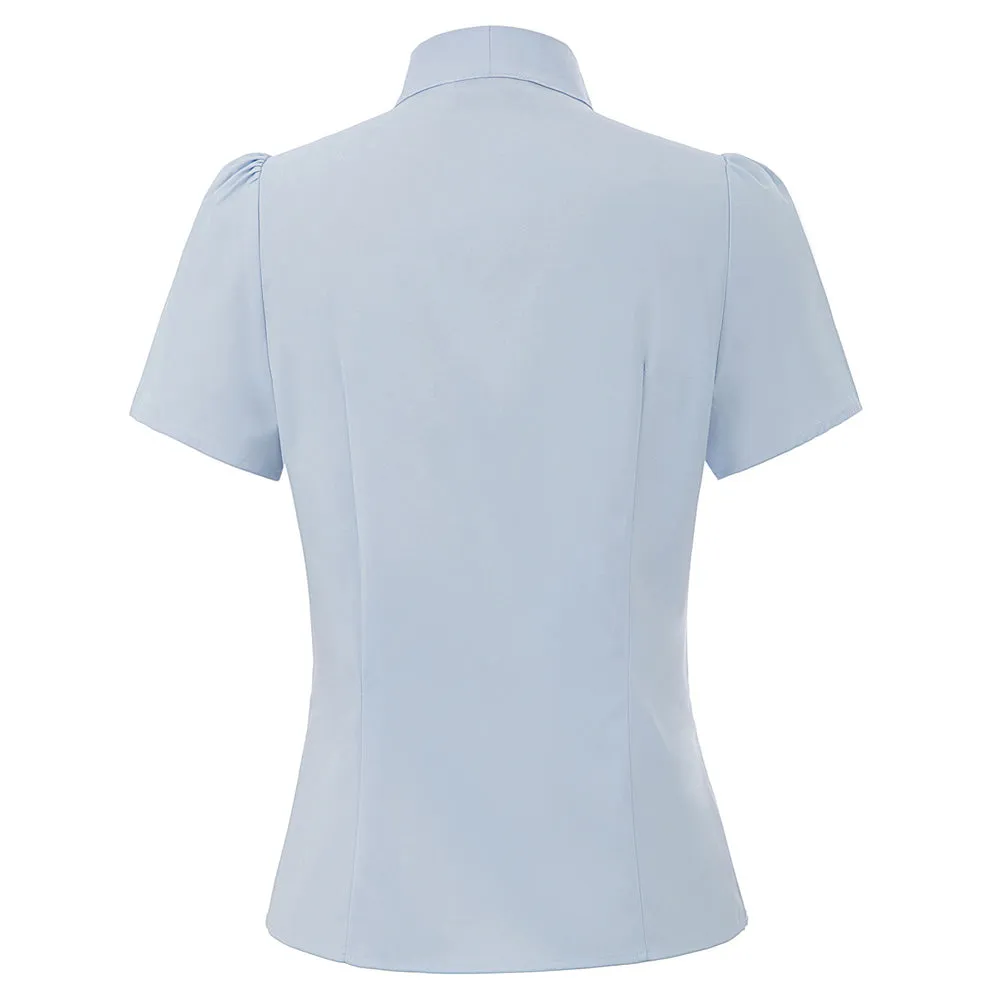Summer Short Sleeve Office Button Down Blouse Stripe Shirt Tops with Bow Tie