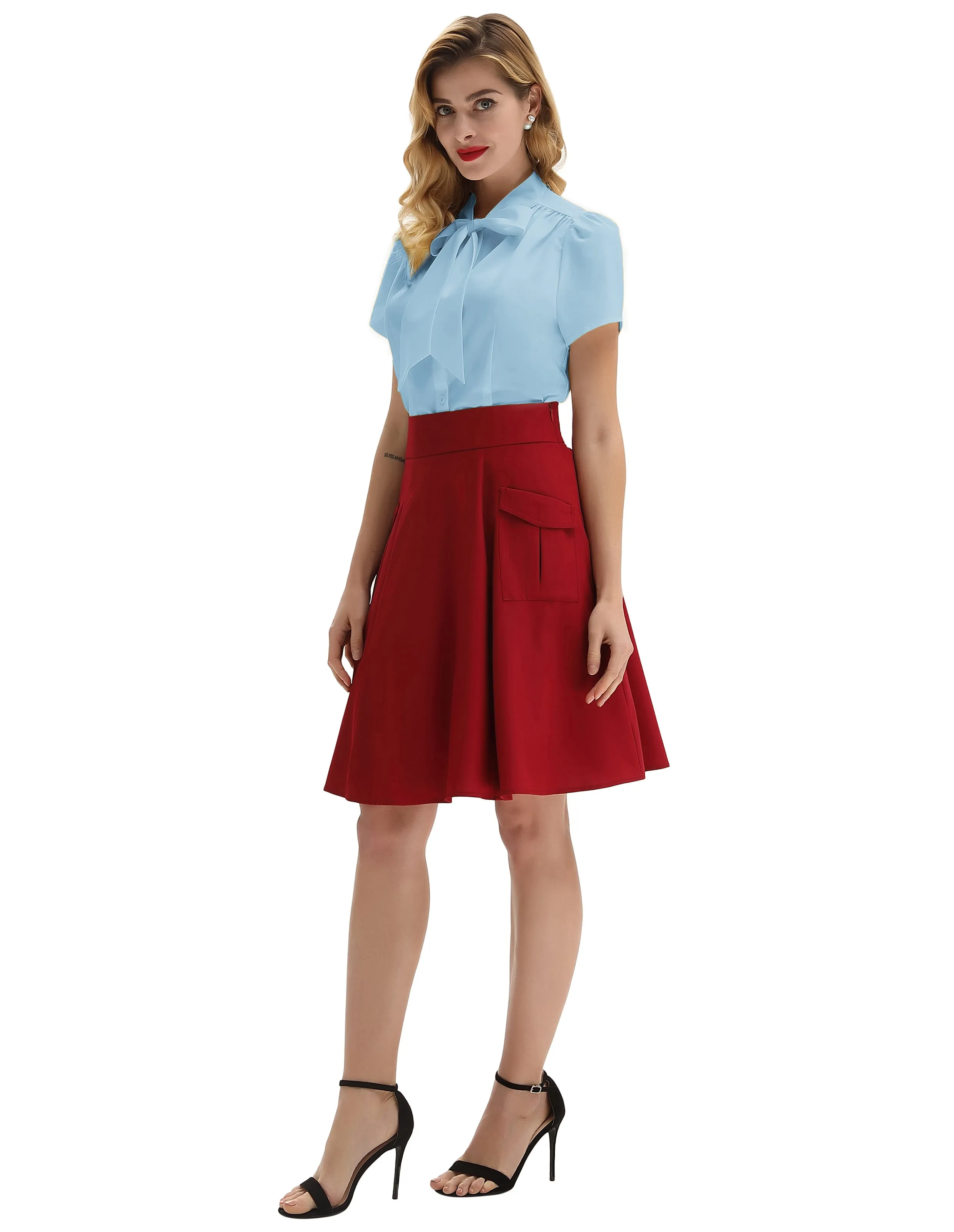 Summer Short Sleeve Office Button Down Blouse Stripe Shirt Tops with Bow Tie