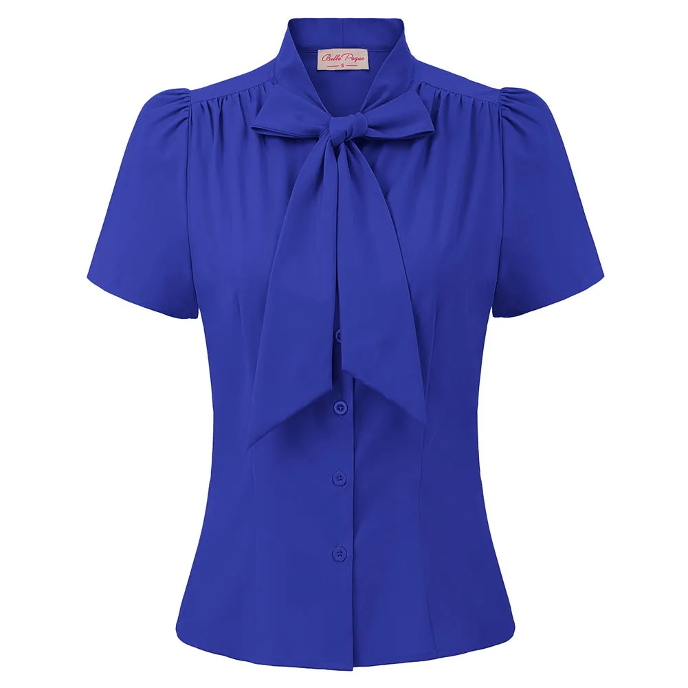 Summer Short Sleeve Office Button Down Blouse Stripe Shirt Tops with Bow Tie