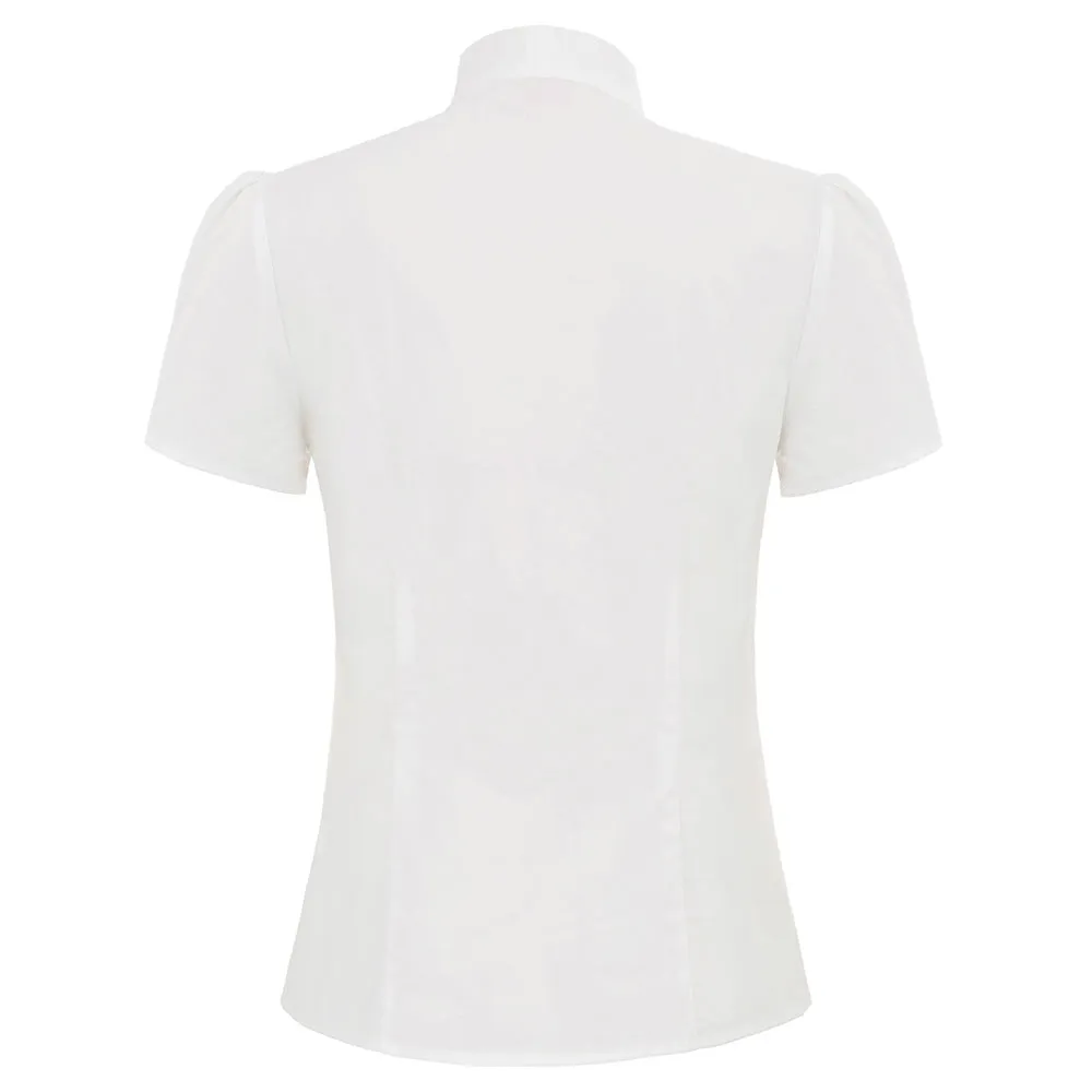 Summer Short Sleeve Office Button Down Blouse Stripe Shirt Tops with Bow Tie