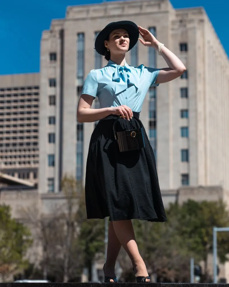 Summer Short Sleeve Office Button Down Blouse Stripe Shirt Tops with Bow Tie