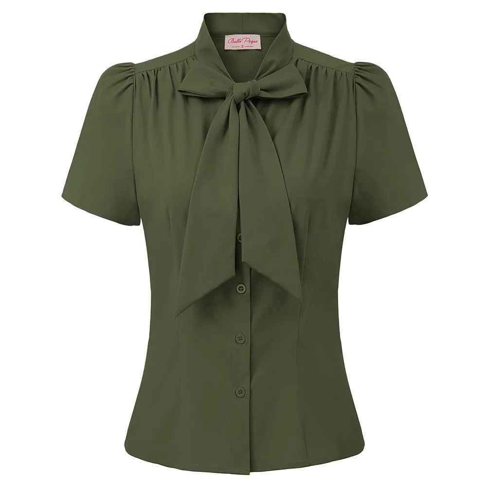 Summer Short Sleeve Office Button Down Blouse Stripe Shirt Tops with Bow Tie