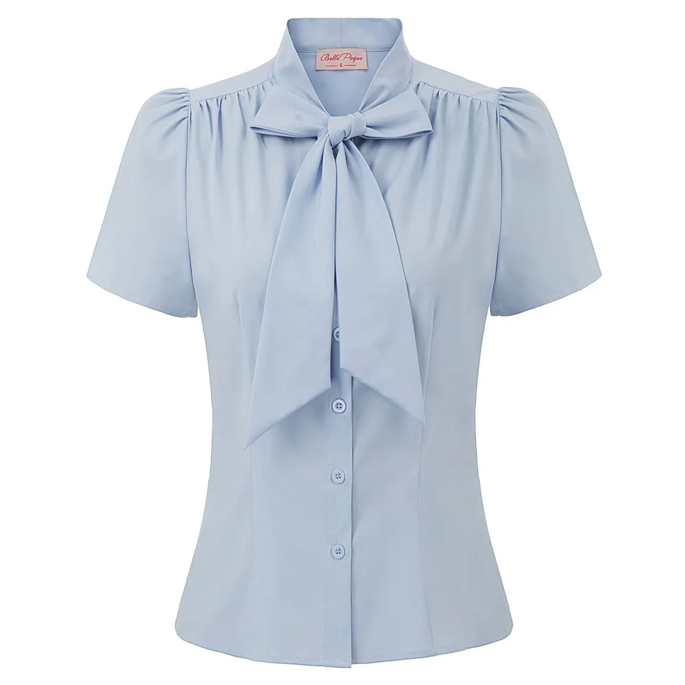 Summer Short Sleeve Office Button Down Blouse Stripe Shirt Tops with Bow Tie