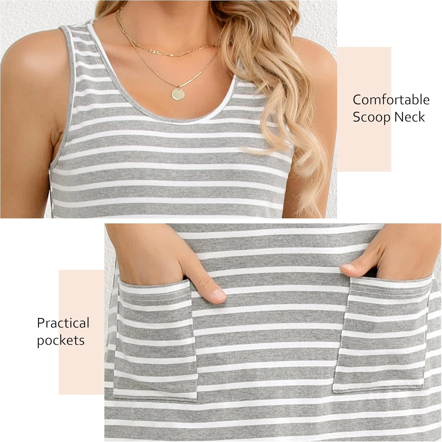 syztsho Womens Summer Dresses Casual Striped Scoop Neck T Shirt Dress Sleeveless Sundress with Pocke