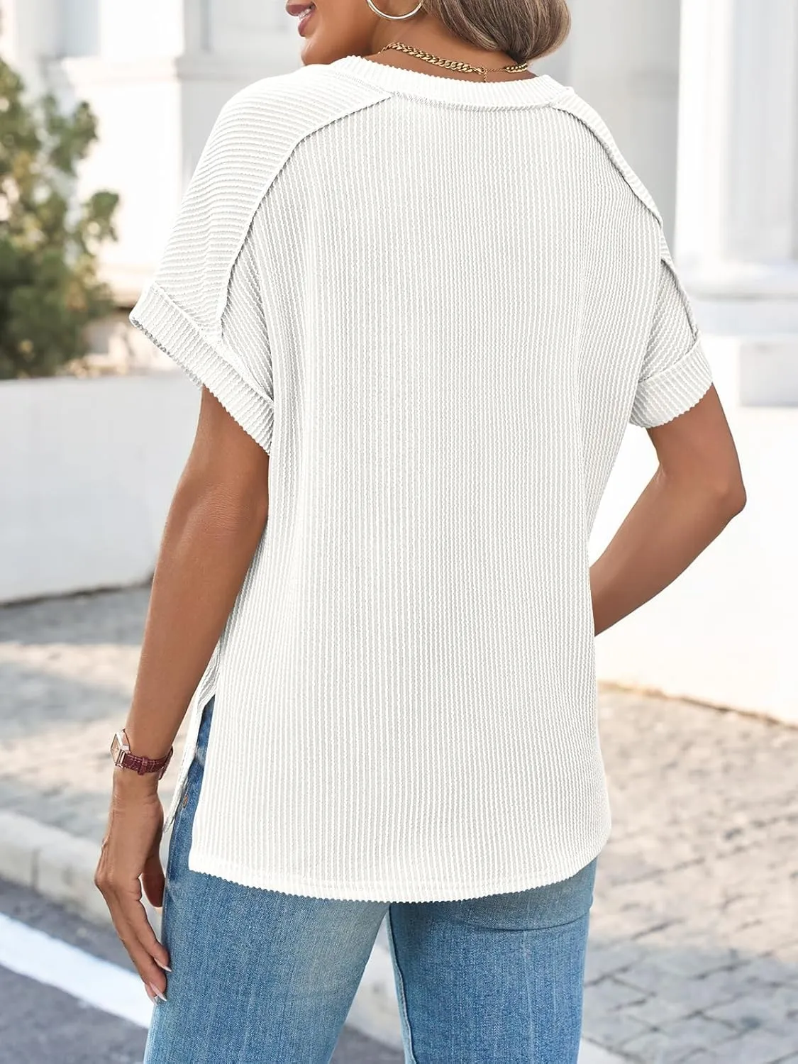 Tankaneo Womens Oversized V Neck Tshirts Summer Ribbed Knit Short Sleeve Tunic Tops Casual Loose Fit Tee Shirts