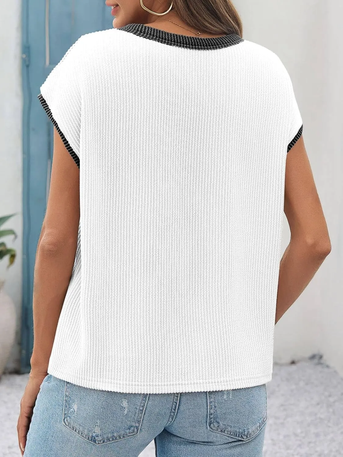 Tankaneo Womens Summer Color Block T-Shirts Cap Sleeve Textured Ribbed Knit Tees Casual Ringer Crew Neck Loose Fit Tops