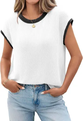 Tankaneo Womens Summer Color Block T-Shirts Cap Sleeve Textured Ribbed Knit Tees Casual Ringer Crew Neck Loose Fit Tops