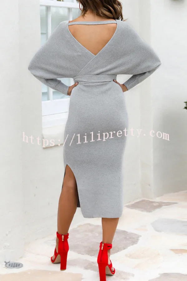 V Neck Dolman Sleeve High Waisted Lace Up Knit Midi Dress