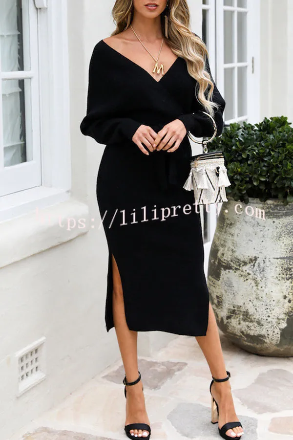 V Neck Dolman Sleeve High Waisted Lace Up Knit Midi Dress