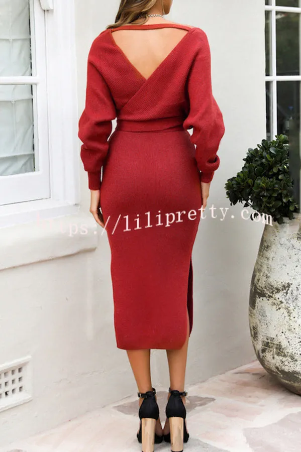 V Neck Dolman Sleeve High Waisted Lace Up Knit Midi Dress