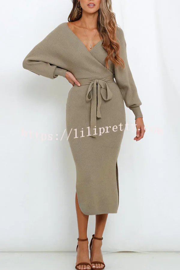 V Neck Dolman Sleeve High Waisted Lace Up Knit Midi Dress
