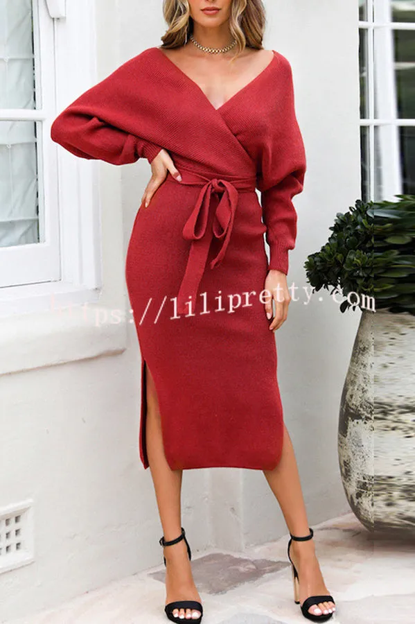 V Neck Dolman Sleeve High Waisted Lace Up Knit Midi Dress