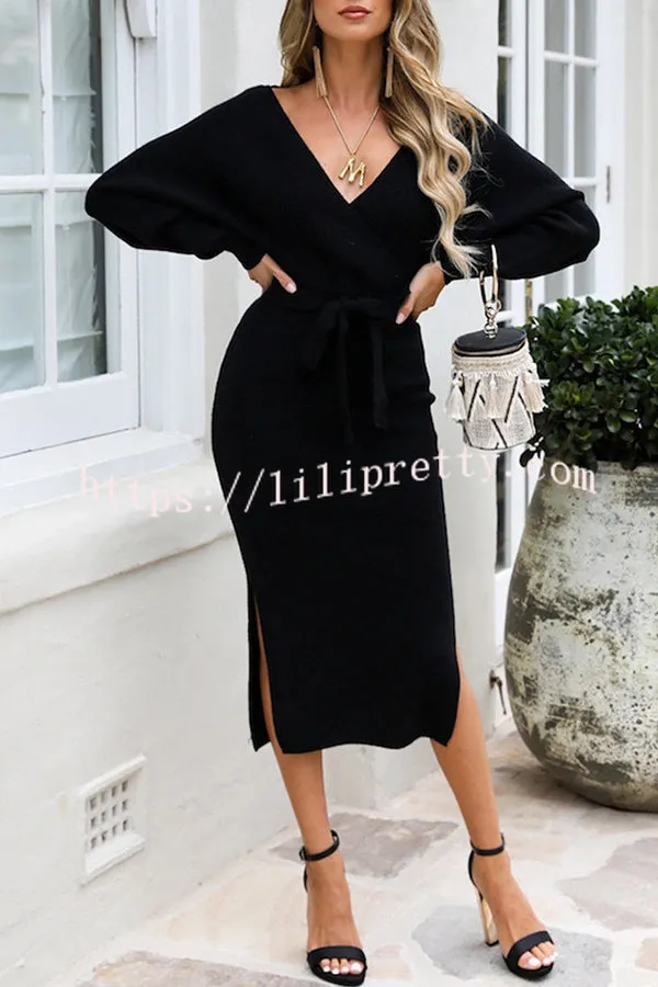 V Neck Dolman Sleeve High Waisted Lace Up Knit Midi Dress