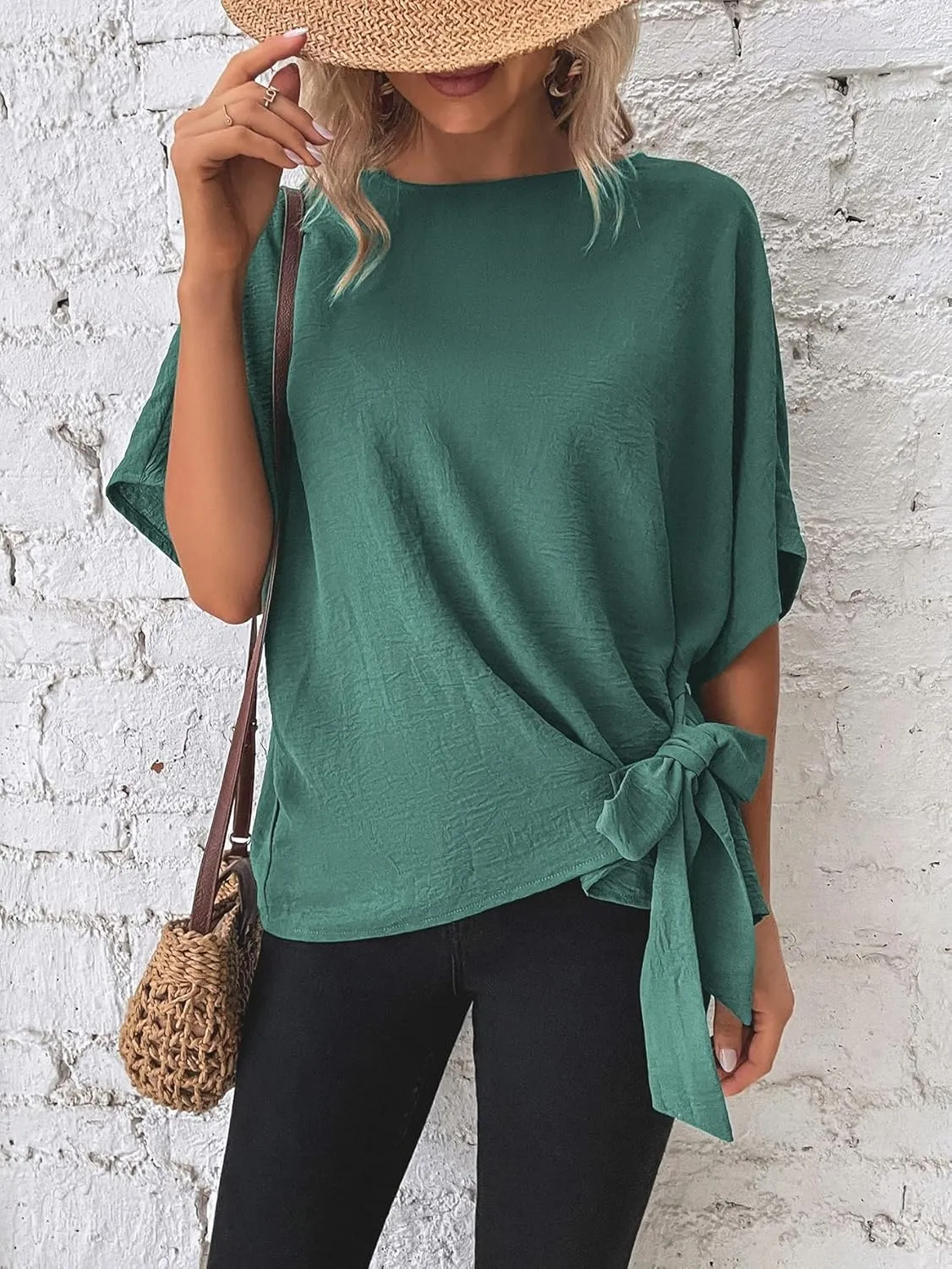 Verdusa Women's Batwing Sleeve Knot Side Round Neck Blouse Shirt Top