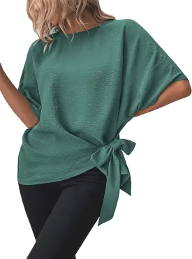 Verdusa Women's Batwing Sleeve Knot Side Round Neck Blouse Shirt Top