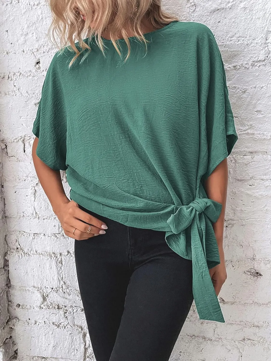 Verdusa Women's Batwing Sleeve Knot Side Round Neck Blouse Shirt Top