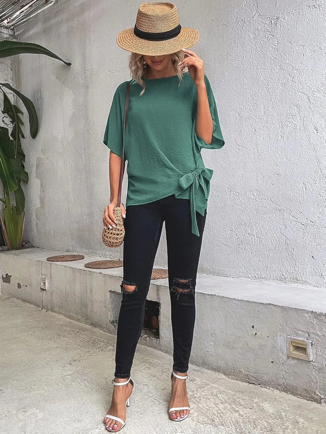 Verdusa Women's Batwing Sleeve Knot Side Round Neck Blouse Shirt Top