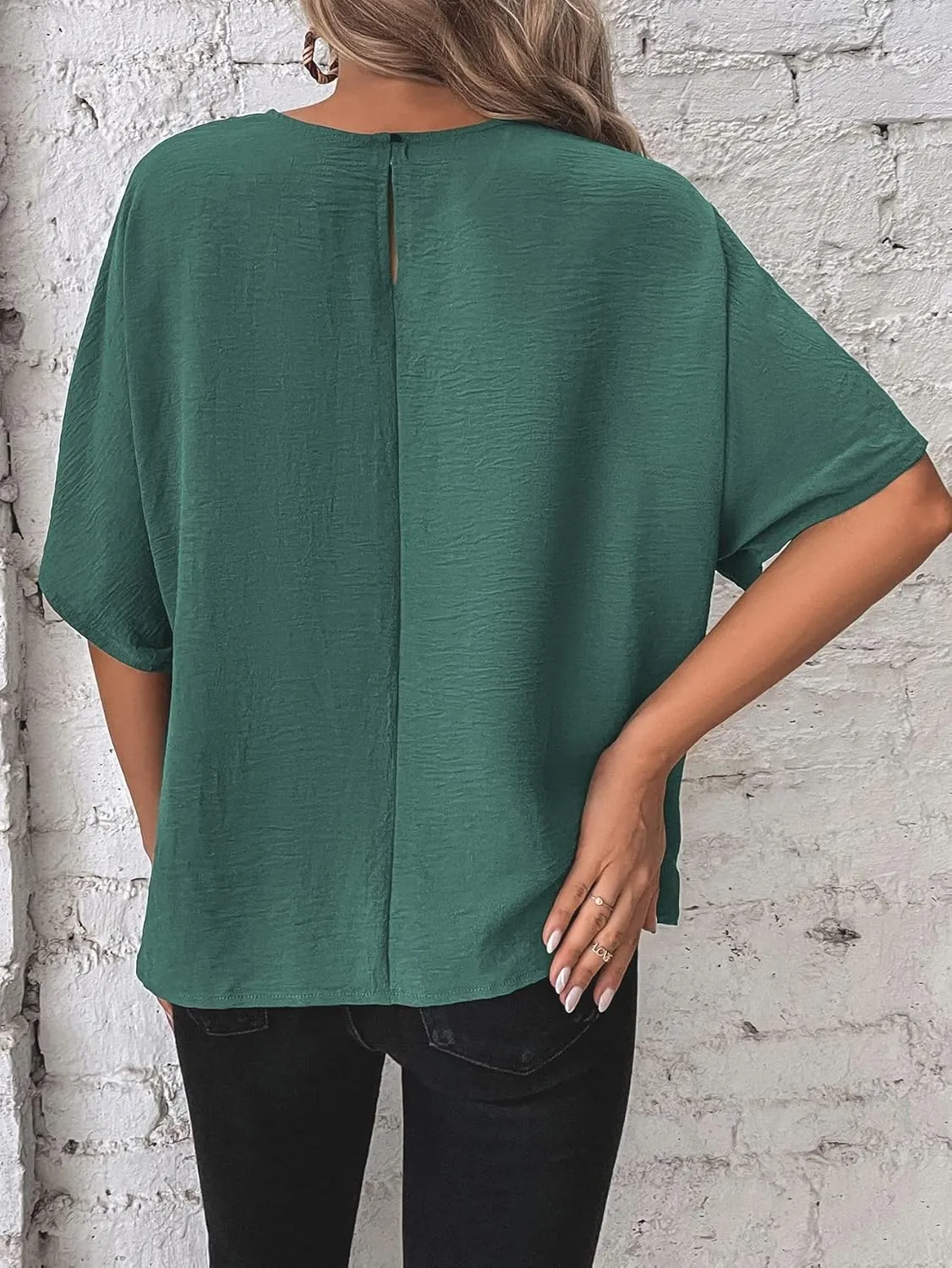 Verdusa Women's Batwing Sleeve Knot Side Round Neck Blouse Shirt Top